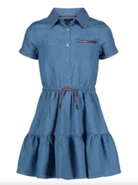Girls' Blue Chambray Tommy Hilfiger Shirt Dress with Faux Drawstring Waist
